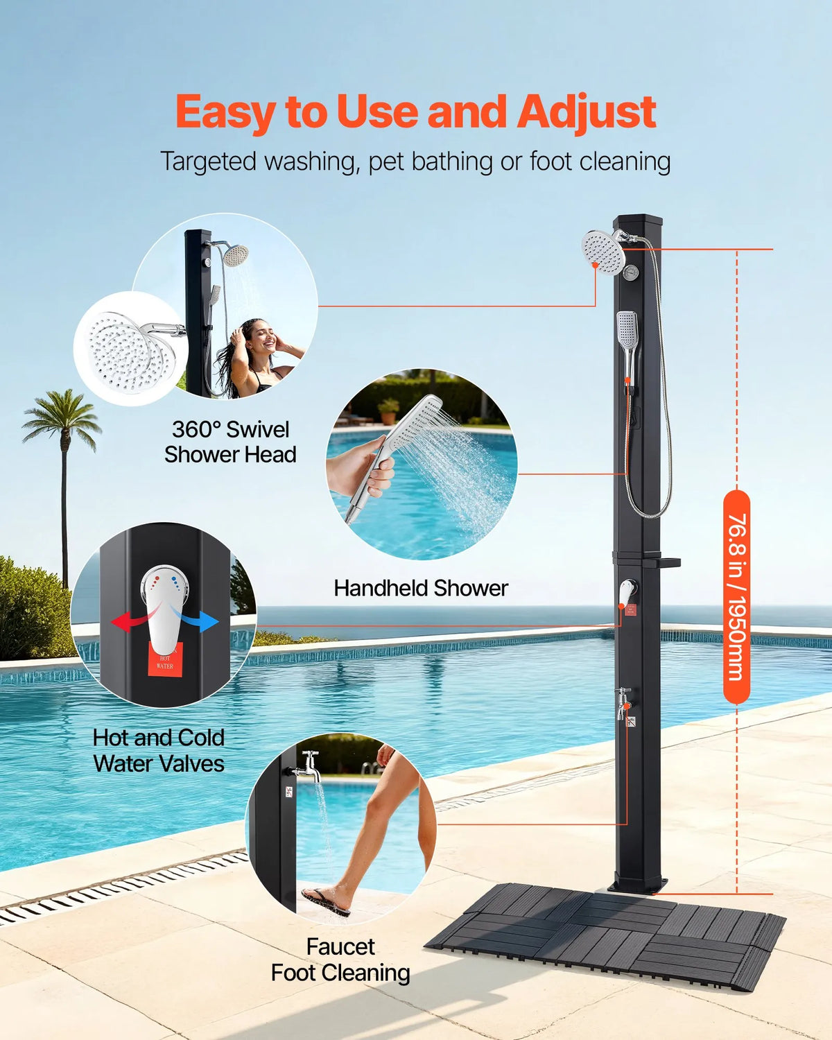 VEVOR Solar Heated Outdoor Shower 40 l, Shower Head Height 205 cm, with Base Kit, Hand and Foot Tap, Hot and Cold Water Control, Freestanding, for Garden, Pool and Beach, Black