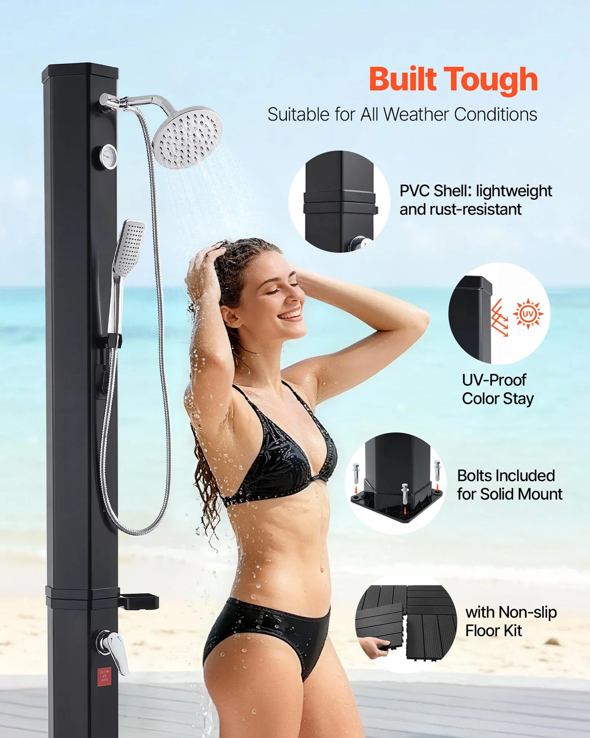 VEVOR Solar Heated Outdoor Shower 40 l, Shower Head Height 205 cm, with Base Kit, Hand and Foot Tap, Hot and Cold Water Control, Freestanding, for Garden, Pool and Beach, Black
