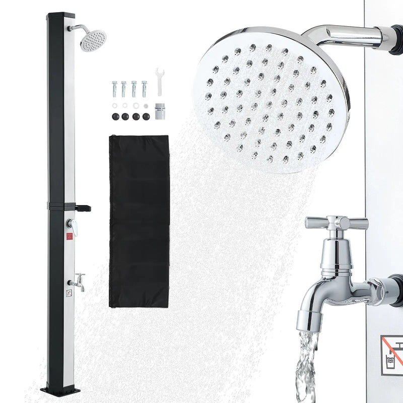 VEVOR 35 l ar sauli apsildāma āra duša ar 195 cm dušas galvas augstumu, brīvi stāvoša, ar kāju krānu un ziepju plauktu, karstā un aukstā ūdens regulēšana, piemērota dārzam, baseinam un pludmalei, melna/sudraba