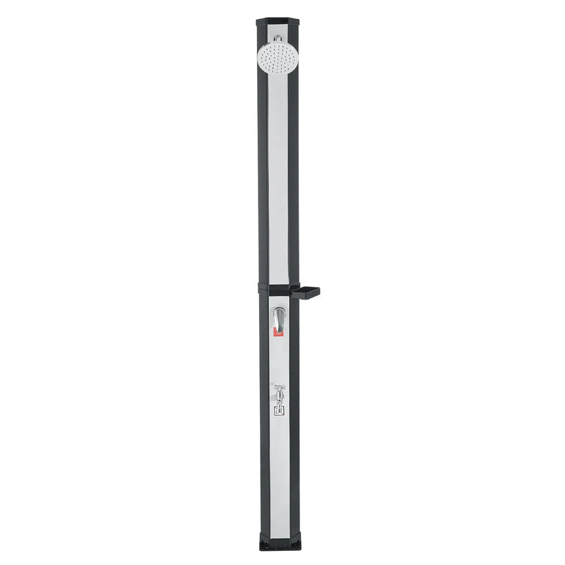 VEVOR 35 l ar sauli apsildāma āra duša ar 195 cm dušas galvas augstumu, brīvi stāvoša, ar kāju krānu un ziepju plauktu, karstā un aukstā ūdens regulēšana, piemērota dārzam, baseinam un pludmalei, melna/sudraba