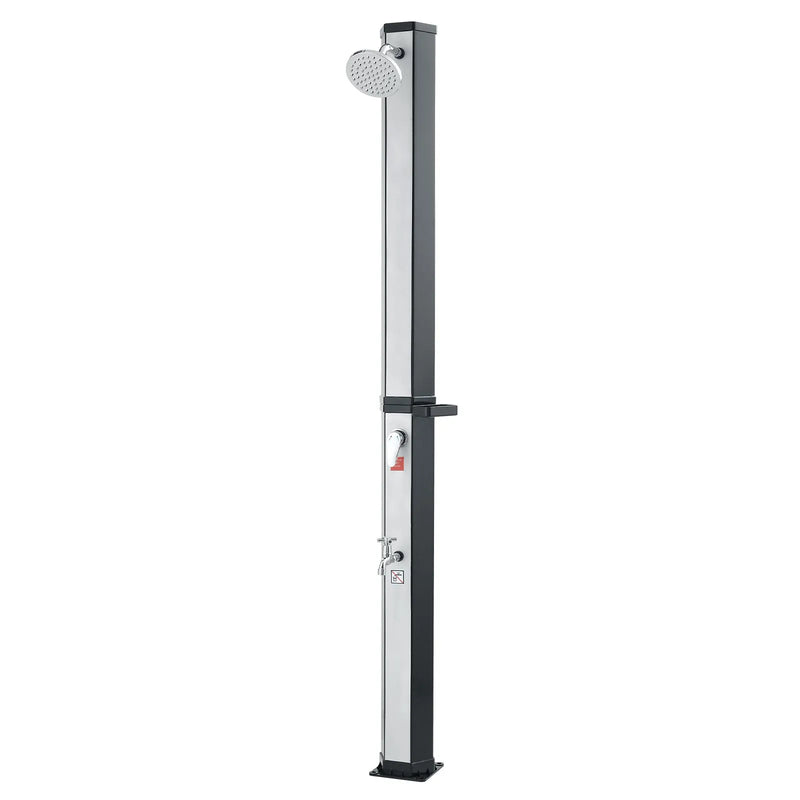 VEVOR 35 l ar sauli apsildāma āra duša ar 195 cm dušas galvas augstumu, brīvi stāvoša, ar kāju krānu un ziepju plauktu, karstā un aukstā ūdens regulēšana, piemērota dārzam, baseinam un pludmalei, melna/sudraba