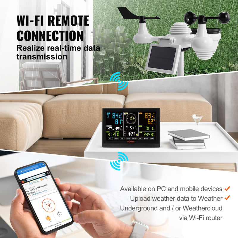 VEVOR 7-in-1 Wi-Fi  laikapstākļu stacija iekštelpām un ārā, 19,1 cm  krāsu displejs, ar saules enerģijas bezvadu ārējo sensoru un trauksmes brīdinājumiem, paredzēts temperatūras, mitruma, vēja ātruma/virziena un nokrišņu mērīšanai
