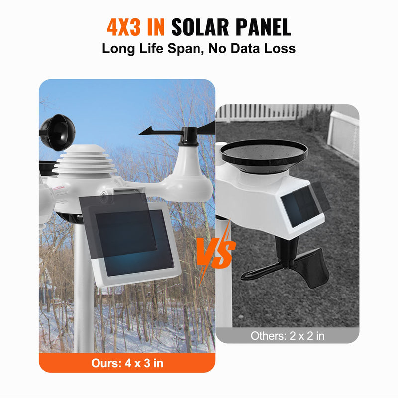 VEVOR 7-in-1 Wi-Fi  laikapstākļu stacija iekštelpām un ārā, 19,1 cm  krāsu displejs, ar saules enerģijas bezvadu ārējo sensoru un trauksmes brīdinājumiem, paredzēts temperatūras, mitruma, vēja ātruma/virziena un nokrišņu mērīšanai