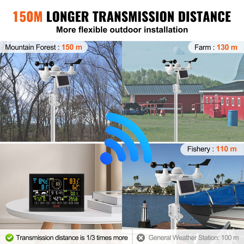 VEVOR 7-in-1 Wi-Fi  laikapstākļu stacija iekštelpām un ārā, 19,1 cm  krāsu displejs, ar saules enerģijas bezvadu ārējo sensoru un trauksmes brīdinājumiem, paredzēts temperatūras, mitruma, vēja ātruma/virziena un nokrišņu mērīšanai