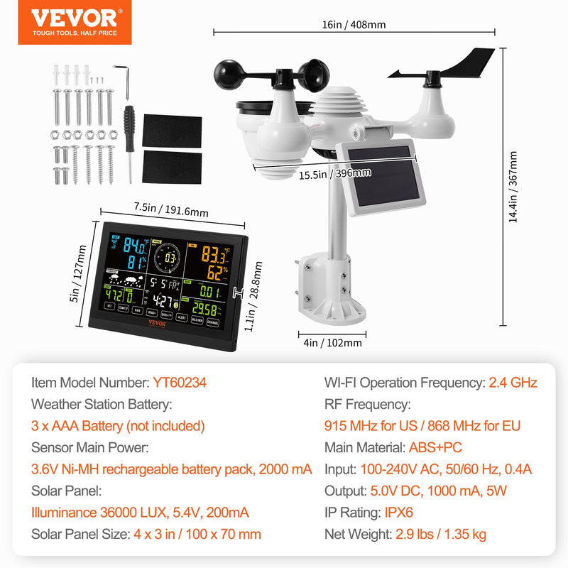 VEVOR 7-in-1 Wi-Fi  laikapstākļu stacija iekštelpām un ārā, 19,1 cm  krāsu displejs, ar saules enerģijas bezvadu ārējo sensoru un trauksmes brīdinājumiem, paredzēts temperatūras, mitruma, vēja ātruma/virziena un nokrišņu mērīšanai