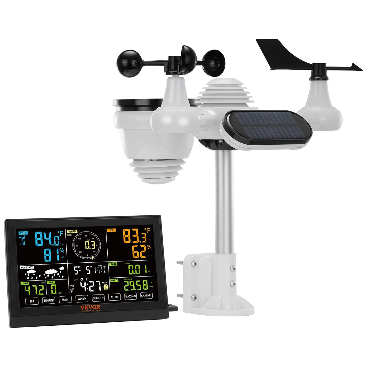 7-in-1 Wireless Weather Station with 19 cm Colour Display, Indoor and Outdoor Temperature, Humidity, Wind, Rainfall and UV Monitoring with Forecast and Alarm Functions