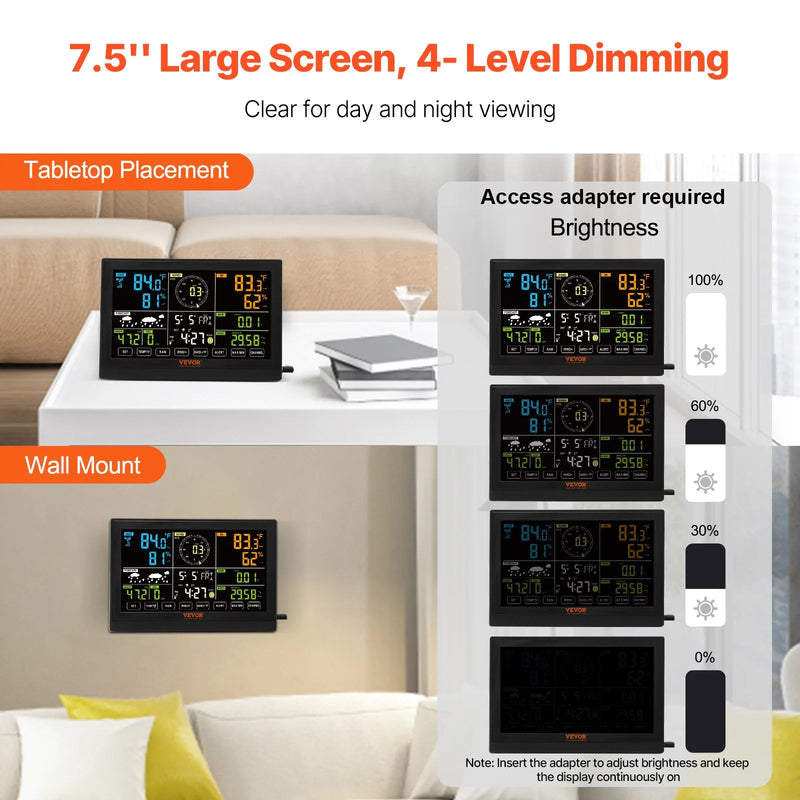 7-in-1 bezvadu laika apstākļu stacija ar 19 cm krāsu displeju, iekštelpu un āra temperatūras, mitruma, vēja, nokrišņu un UV rādījumu uzraudzībai ar prognožu un trauksmes funkcijām