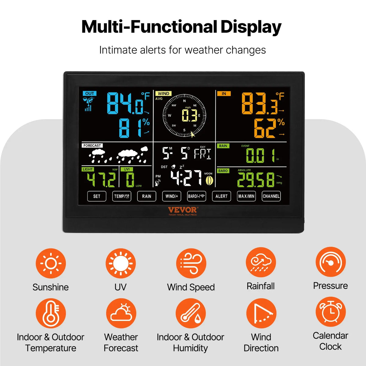 7-in-1 Wireless Weather Station with 19 cm Colour Display, Indoor and Outdoor Temperature, Humidity, Wind, Rainfall and UV Monitoring with Forecast and Alarm Functions