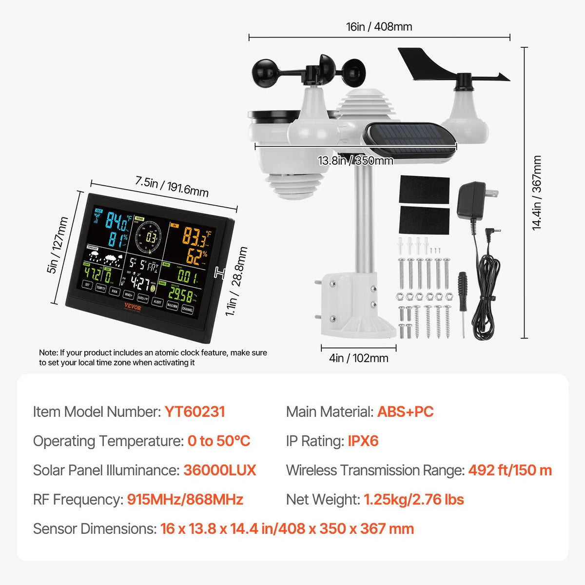 7-in-1 Wireless Weather Station with 19 cm Colour Display, Indoor and Outdoor Temperature, Humidity, Wind, Rainfall and UV Monitoring with Forecast and Alarm Functions