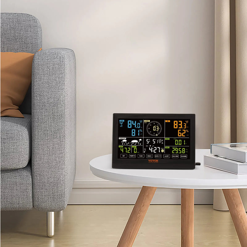 7-in-1 bezvadu laika apstākļu stacija ar 19 cm krāsu displeju, iekštelpu un āra temperatūras, mitruma, vēja, nokrišņu un UV rādījumu uzraudzībai ar prognožu un trauksmes funkcijām