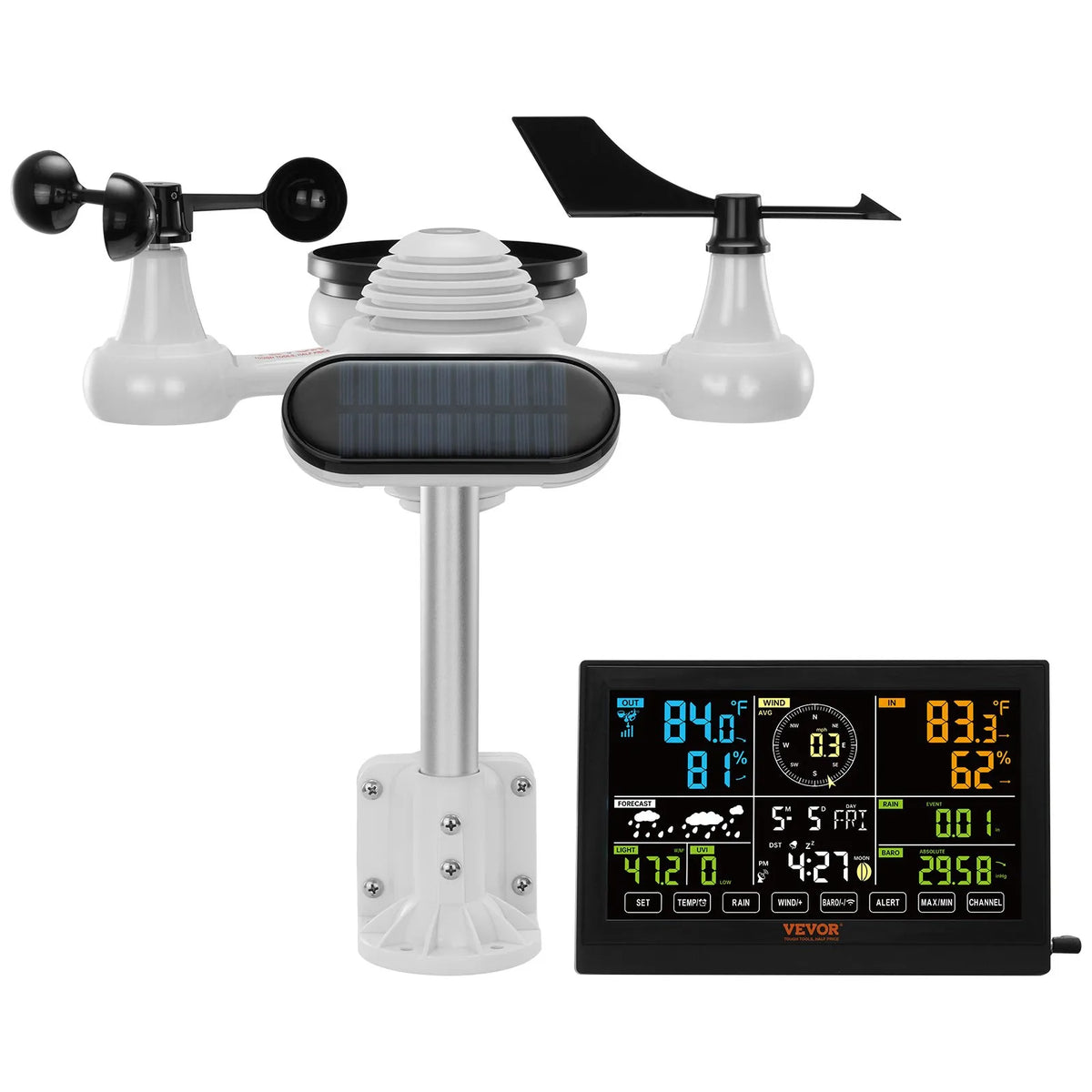 7-in-1 Wireless Weather Station with 19 cm Colour Display, Indoor and Outdoor Temperature, Humidity, Wind, Rainfall and UV Monitoring with Forecast and Alarm Functions