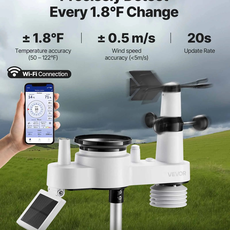 7-in-1 Wi-Fi laika apstākļu stacija ar lietotni, 190,5 mm VA displeju, bezvadu saules enerģijas āra sensoru, nokrišņu mērītāju, temperatūras, mitruma, vēja ātruma un nokrišņu uzraudzību iekštelpās un āra apstākļos
