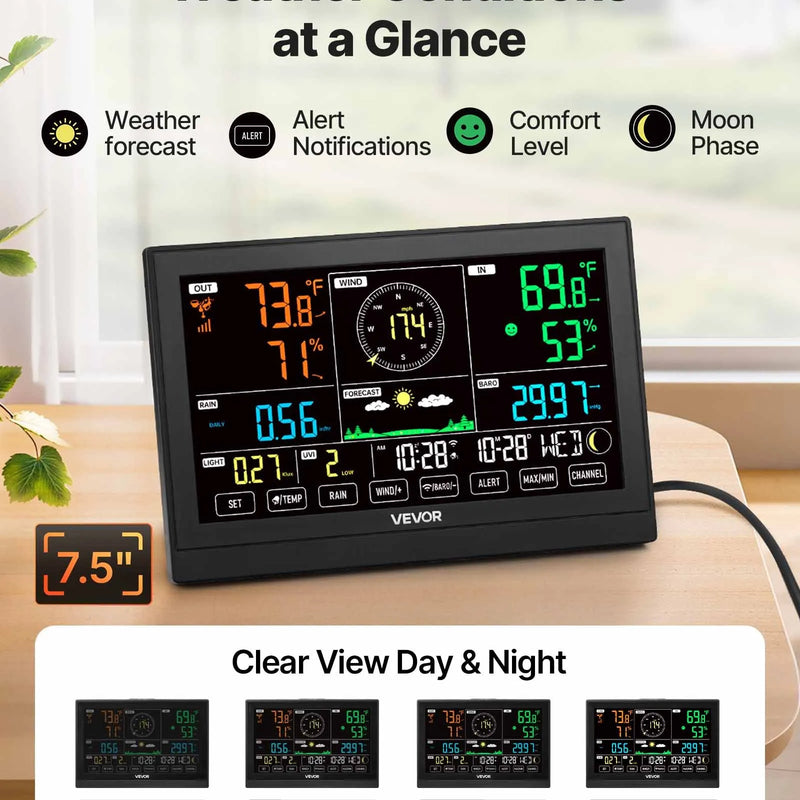 7-in-1 Wi-Fi laika apstākļu stacija ar lietotni, 190,5 mm VA displeju, bezvadu saules enerģijas āra sensoru, nokrišņu mērītāju, temperatūras, mitruma, vēja ātruma un nokrišņu uzraudzību iekštelpās un āra apstākļos