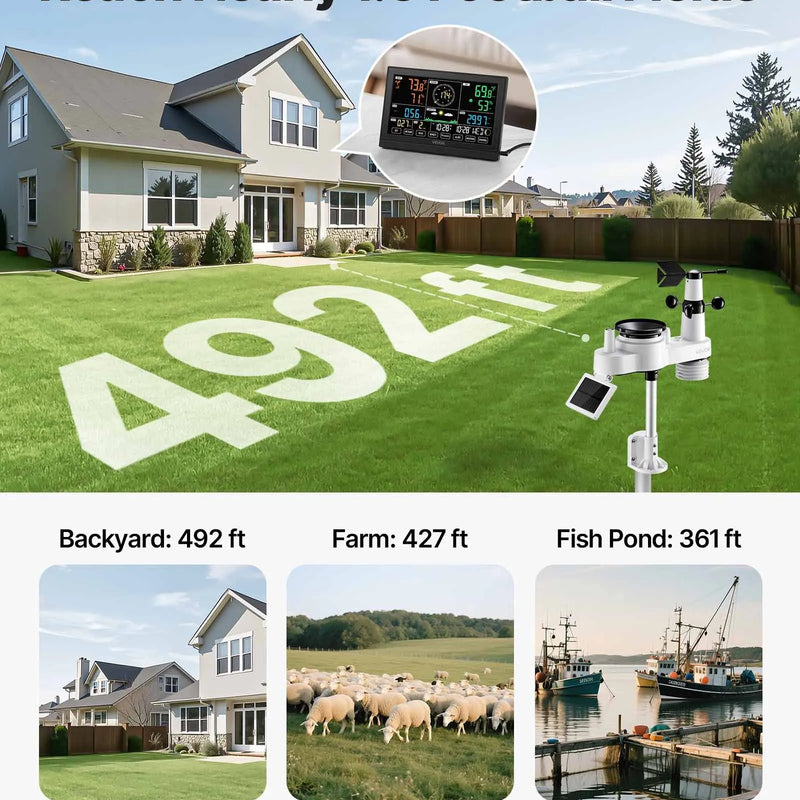 7-in-1 Wi-Fi laika apstākļu stacija ar lietotni, 190,5 mm VA displeju, bezvadu saules enerģijas āra sensoru, nokrišņu mērītāju, temperatūras, mitruma, vēja ātruma un nokrišņu uzraudzību iekštelpās un āra apstākļos