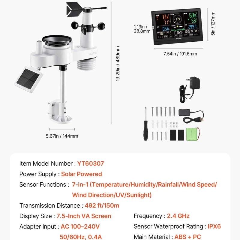7-in-1 Wi-Fi laika apstākļu stacija ar lietotni, 190,5 mm VA displeju, bezvadu saules enerģijas āra sensoru, nokrišņu mērītāju, temperatūras, mitruma, vēja ātruma un nokrišņu uzraudzību iekštelpās un āra apstākļos