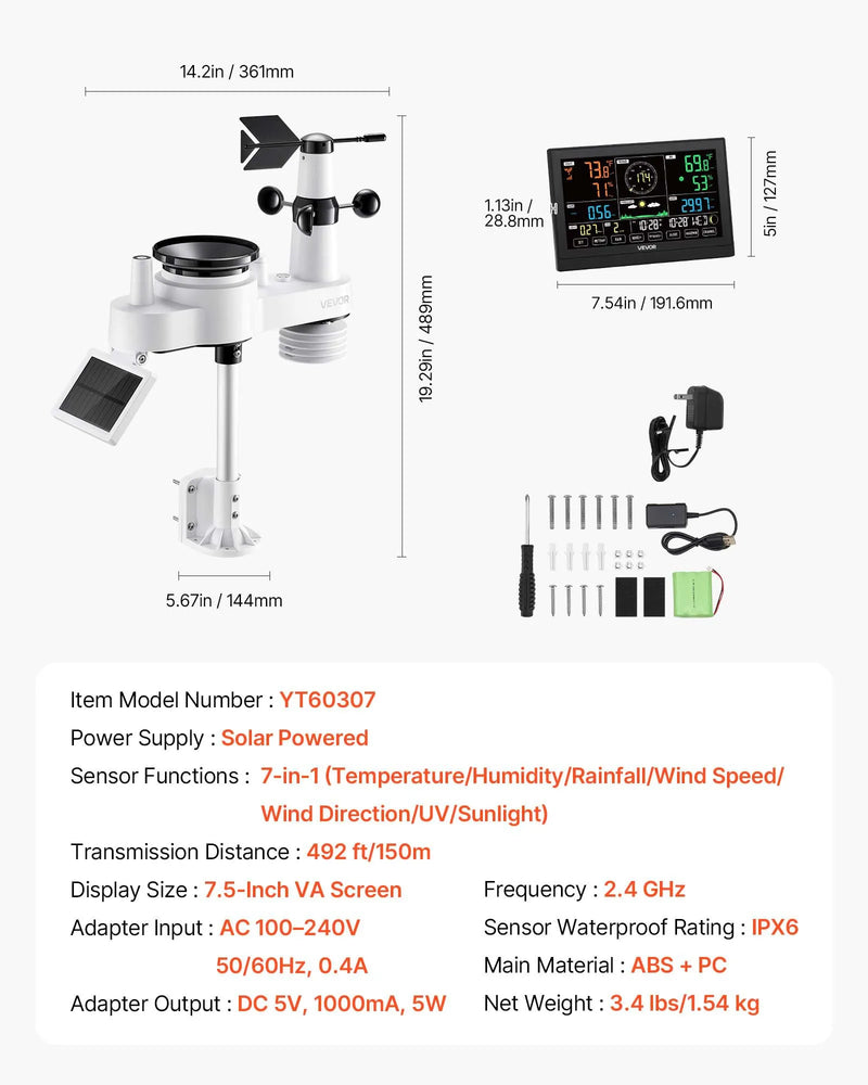 7-in-1 Wi-Fi laika apstākļu stacija ar lietotni, 190,5 mm VA displeju, bezvadu saules enerģijas āra sensoru, nokrišņu mērītāju, temperatūras, mitruma, vēja ātruma un nokrišņu uzraudzību iekštelpās un āra apstākļos