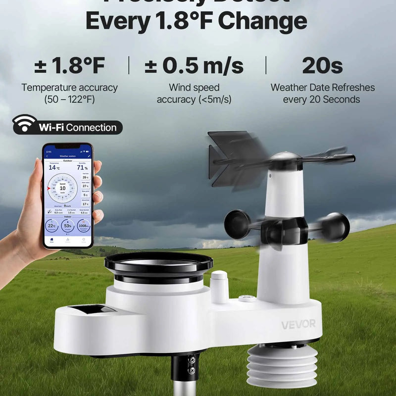 5-in-1 Wi-Fi laika apstākļu stacija ar 190,5 mm VA displeju, bezvadu saules enerģijas āra sensoru, nokrišņu mērītāju, temperatūras, mitruma, vēja ātruma un virziena uzraudzībai iekštelpās un āra apstākļos