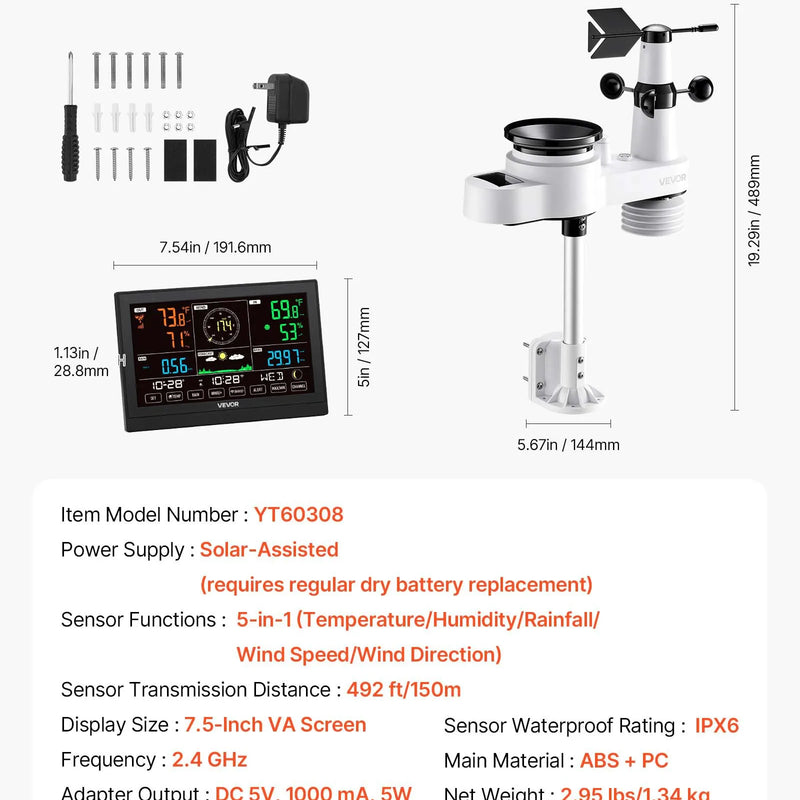 5-in-1 Wi-Fi laika apstākļu stacija ar 190,5 mm VA displeju, bezvadu saules enerģijas āra sensoru, nokrišņu mērītāju, temperatūras, mitruma, vēja ātruma un virziena uzraudzībai iekštelpās un āra apstākļos