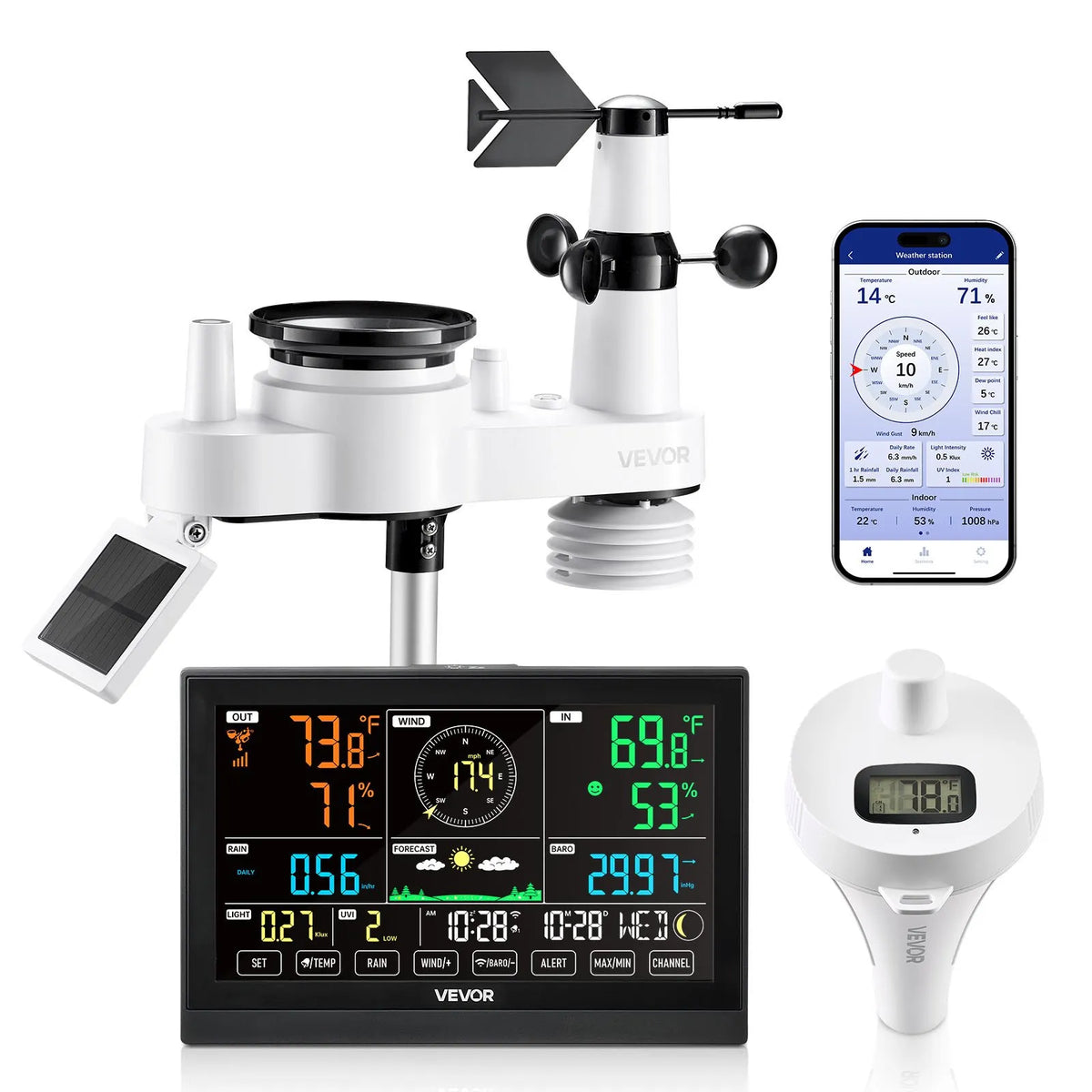 7-in-1 Wi-Fi Weather Station Kit with App, 190.5 mm Display, Wireless Solar Sensor, Pool Thermometer and Rain Gauge