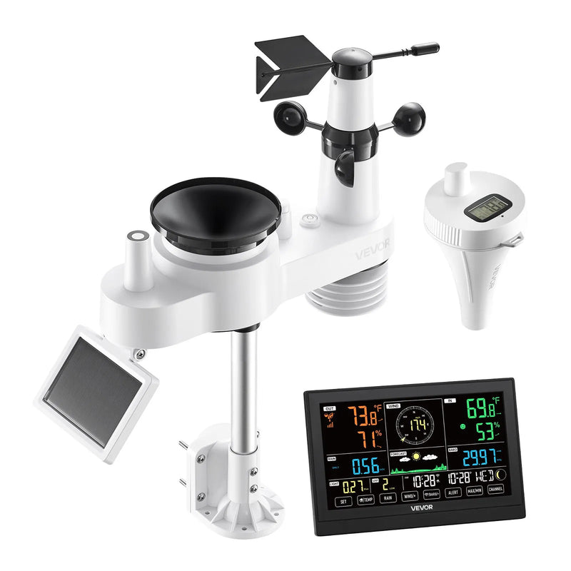 7-in-1 Wi-Fi laika apstākļu stacijas komplekts ar lietotni, 190,5 mm displejs, bezvadu saules sensors, baseina termometrs un nokrišņu mērītājs