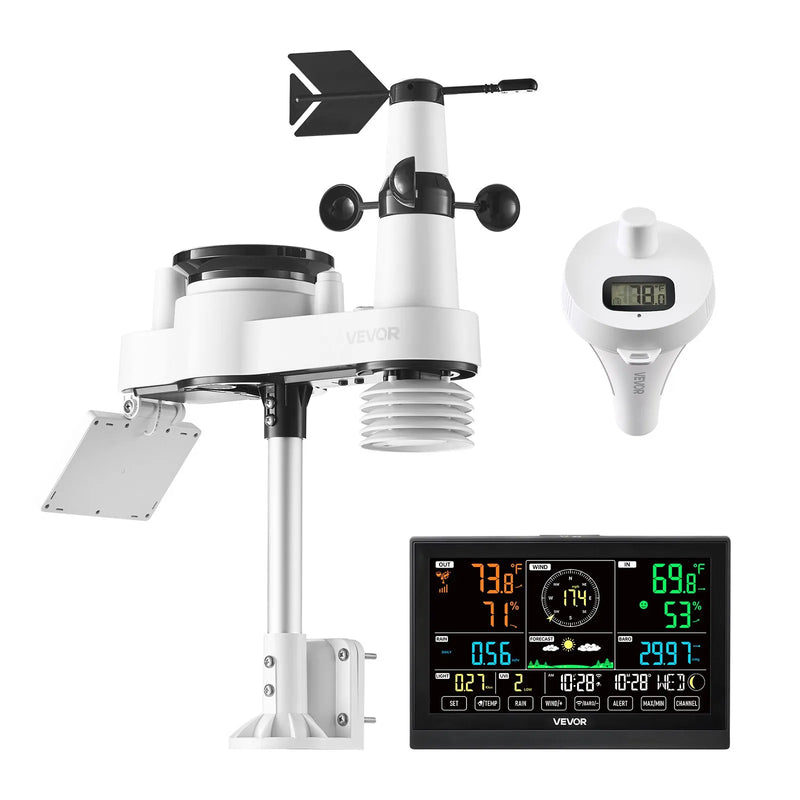 7-in-1 Wi-Fi laika apstākļu stacijas komplekts ar lietotni, 190,5 mm displejs, bezvadu saules sensors, baseina termometrs un nokrišņu mērītājs