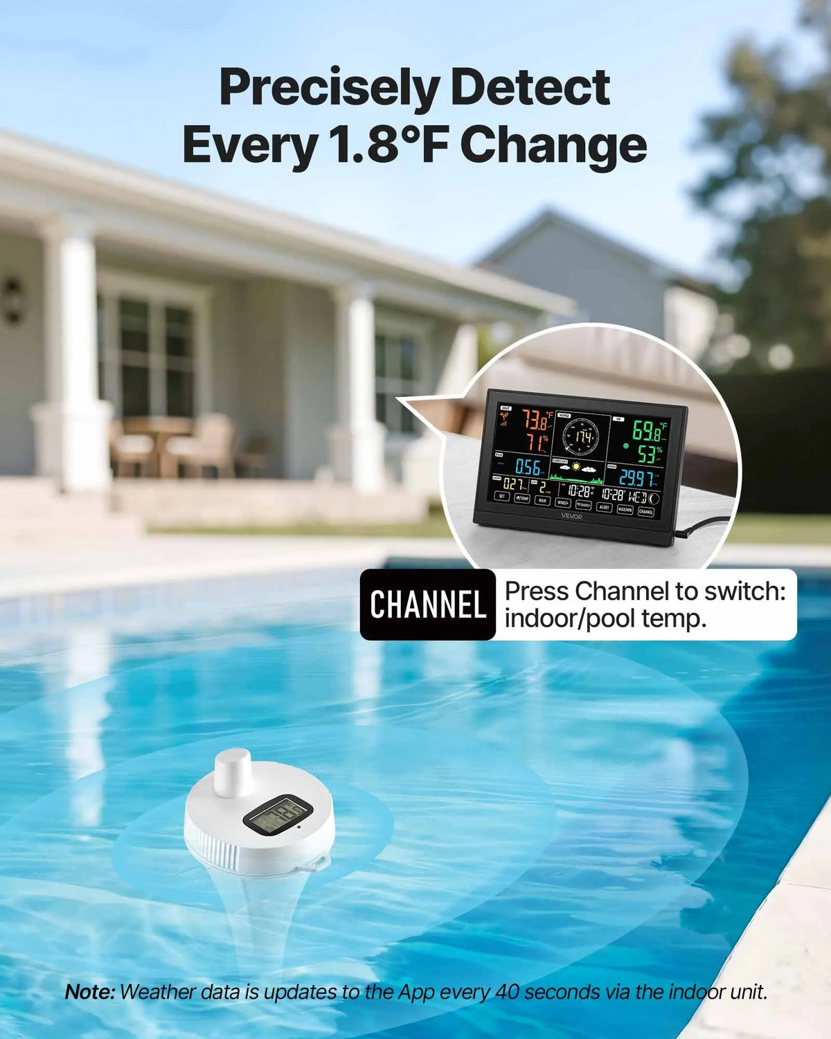 7-in-1 Wi-Fi Weather Station Kit with App, 190.5 mm Display, Wireless Solar Sensor, Pool Thermometer and Rain Gauge