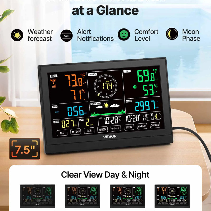 7-in-1 Wi-Fi laika apstākļu stacijas komplekts ar lietotni, 190,5 mm displejs, bezvadu saules sensors, baseina termometrs un nokrišņu mērītājs