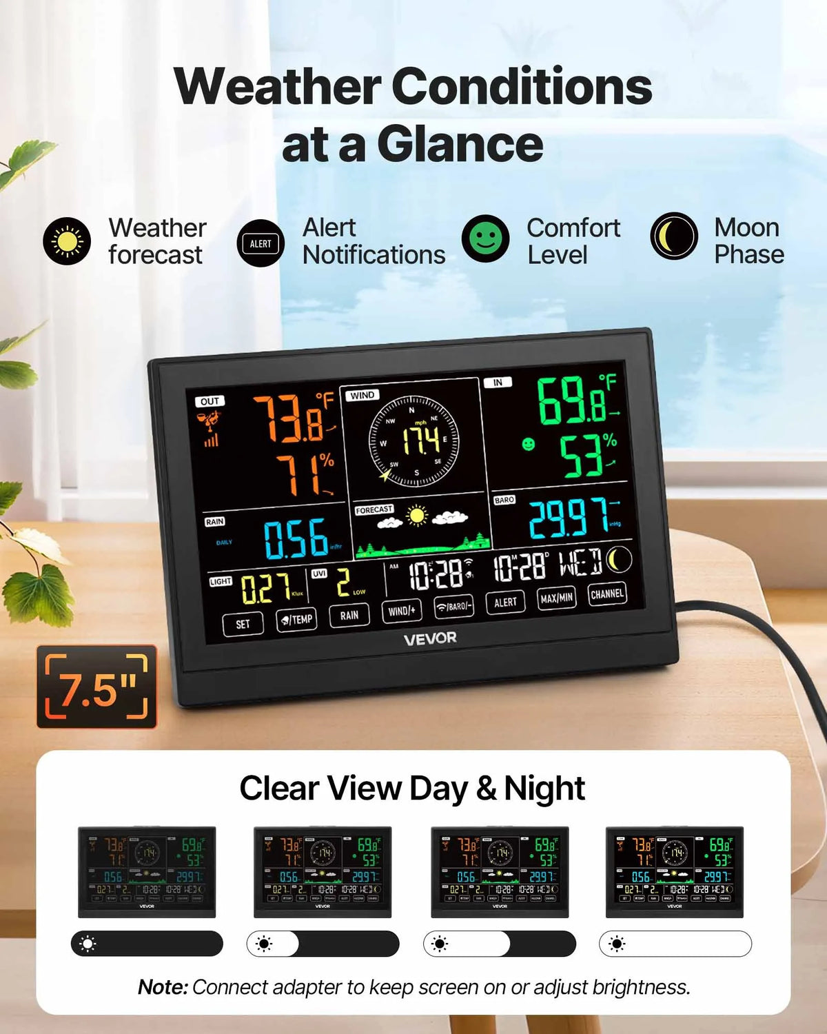 7-in-1 Wi-Fi Weather Station Kit with App, 190.5 mm Display, Wireless Solar Sensor, Pool Thermometer and Rain Gauge