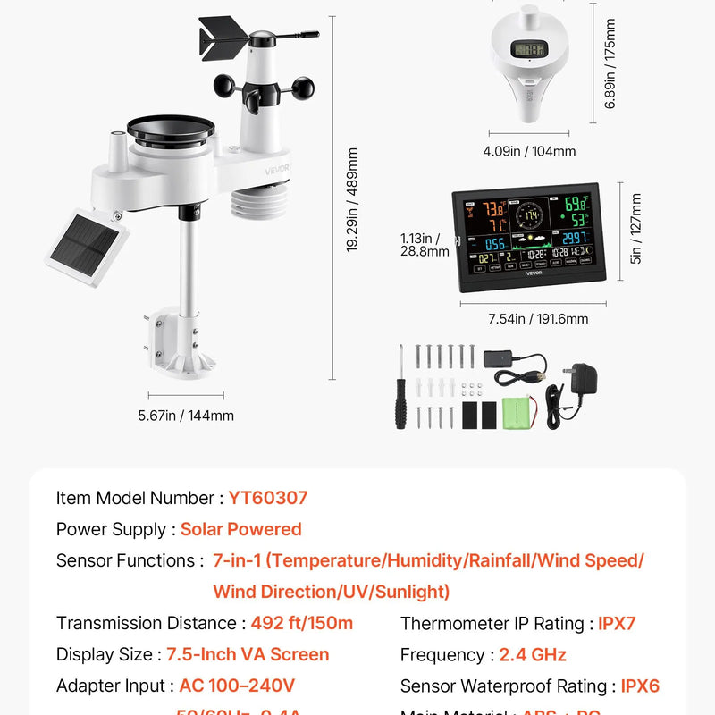 7-in-1 Wi-Fi laika apstākļu stacijas komplekts ar lietotni, 190,5 mm displejs, bezvadu saules sensors, baseina termometrs un nokrišņu mērītājs