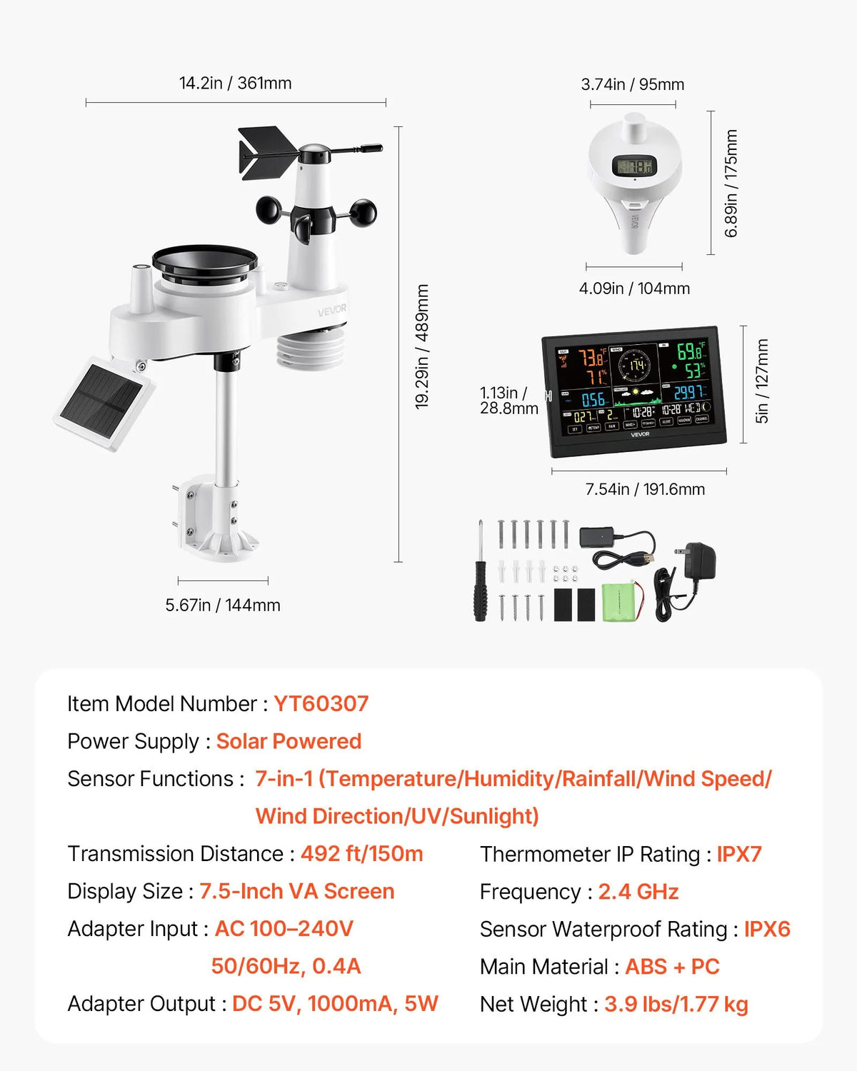 7-in-1 Wi-Fi Weather Station Kit with App, 190.5 mm Display, Wireless Solar Sensor, Pool Thermometer and Rain Gauge