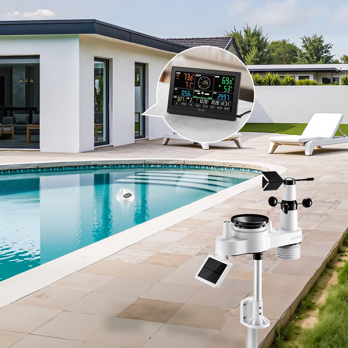 7-in-1 Wi-Fi Weather Station Kit with App, 190.5 mm Display, Wireless Solar Sensor, Pool Thermometer and Rain Gauge
