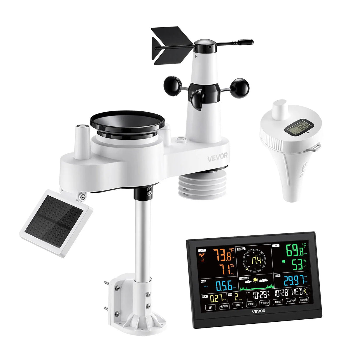 7-in-1 Wi-Fi Weather Station Kit with App, 190.5 mm Display, Wireless Solar Sensor, Pool Thermometer and Rain Gauge