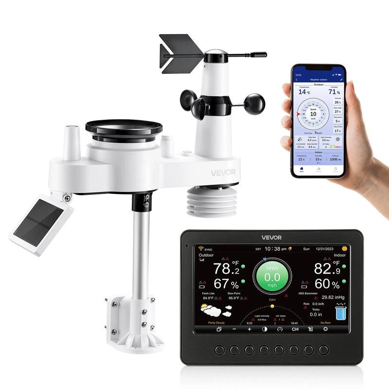 7-in-1 Wi-Fi laika apstākļu stacija ar 177,8 mm TFT displeju, bezvadu saules sensoru, nokrišņu mērītāju, vēja ātruma un virziena, temperatūras, mitruma un nokrišņu uzraudzību iekštelpās un āra apstākļos