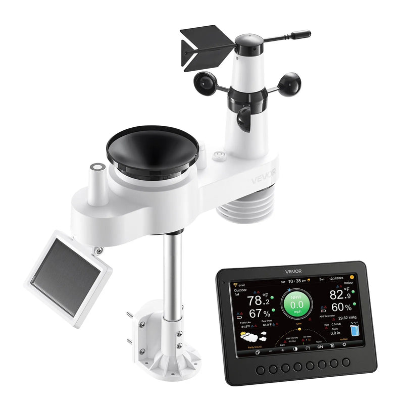 7-in-1 Wi-Fi laika apstākļu stacija ar 177,8 mm TFT displeju, bezvadu saules sensoru, nokrišņu mērītāju, vēja ātruma un virziena, temperatūras, mitruma un nokrišņu uzraudzību iekštelpās un āra apstākļos