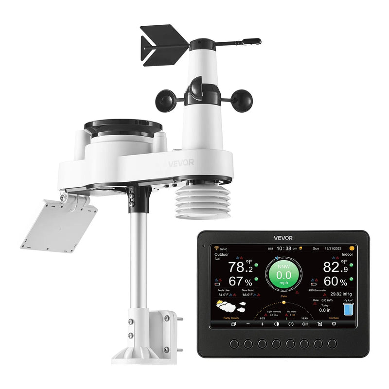 7-in-1 Wi-Fi laika apstākļu stacija ar 177,8 mm TFT displeju, bezvadu saules sensoru, nokrišņu mērītāju, vēja ātruma un virziena, temperatūras, mitruma un nokrišņu uzraudzību iekštelpās un āra apstākļos