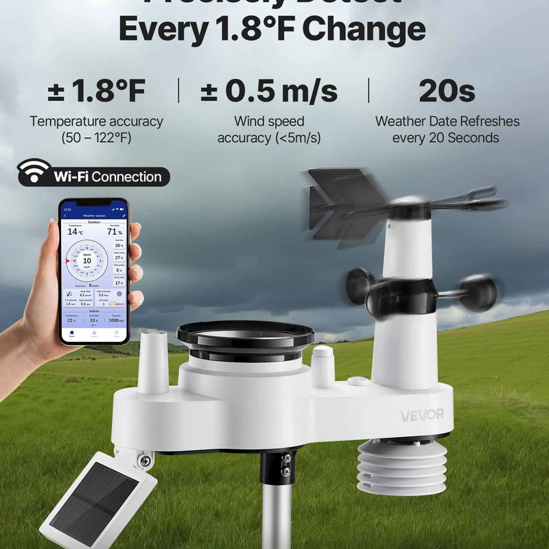 7-in-1 Wi-Fi laika apstākļu stacija ar 177,8 mm TFT displeju, bezvadu saules sensoru, nokrišņu mērītāju, vēja ātruma un virziena, temperatūras, mitruma un nokrišņu uzraudzību iekštelpās un āra apstākļos
