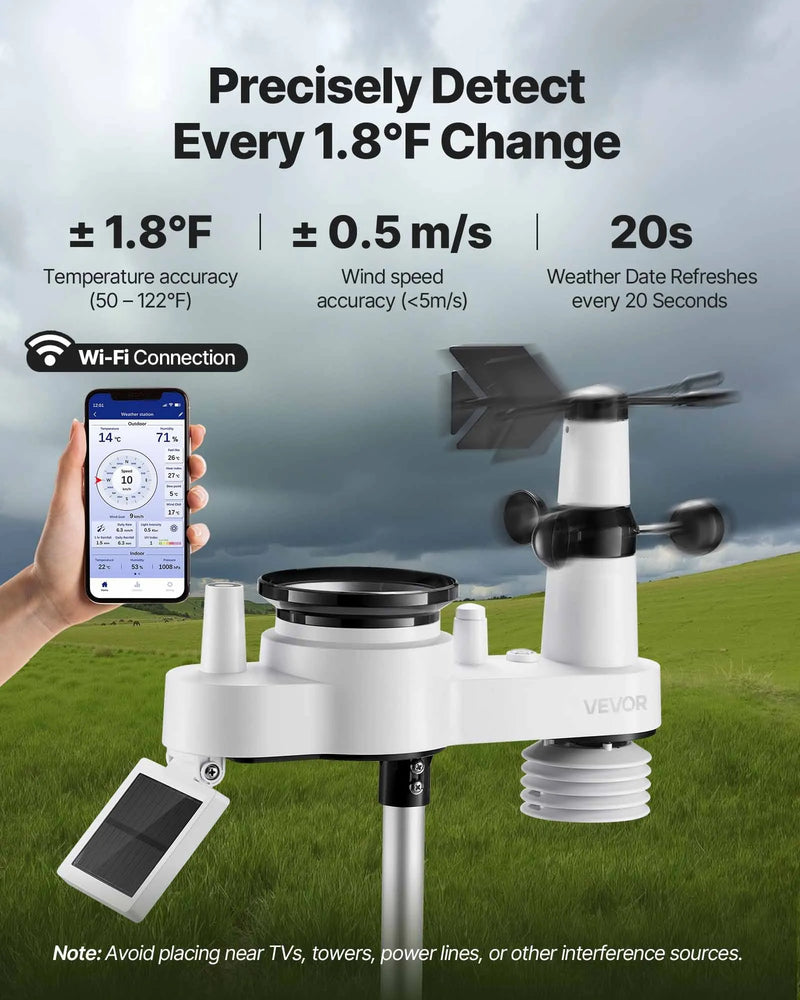 7-in-1 Wi-Fi laika apstākļu stacija ar 177,8 mm TFT displeju, bezvadu saules sensoru, nokrišņu mērītāju, vēja ātruma un virziena, temperatūras, mitruma un nokrišņu uzraudzību iekštelpās un āra apstākļos