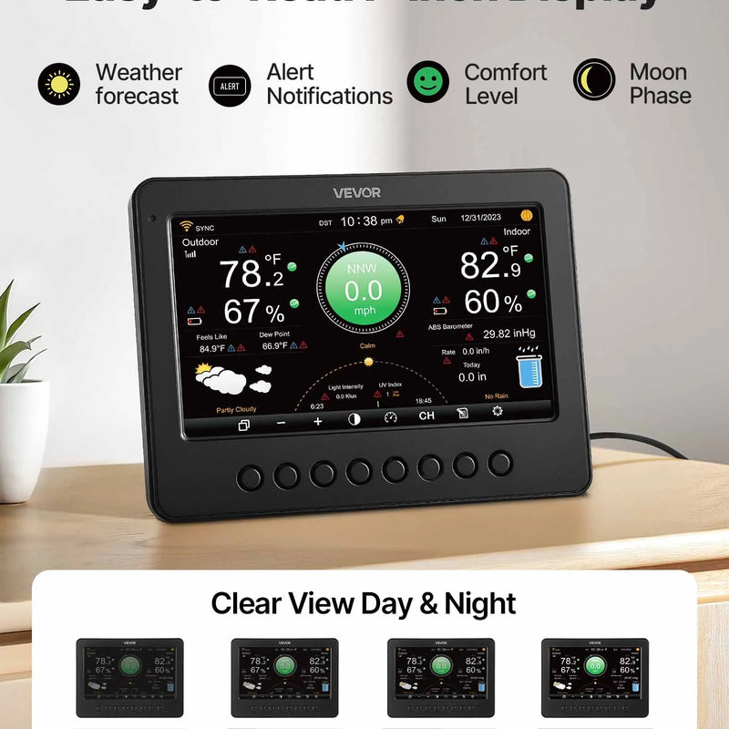 7-in-1 Wi-Fi laika apstākļu stacija ar 177,8 mm TFT displeju, bezvadu saules sensoru, nokrišņu mērītāju, vēja ātruma un virziena, temperatūras, mitruma un nokrišņu uzraudzību iekštelpās un āra apstākļos