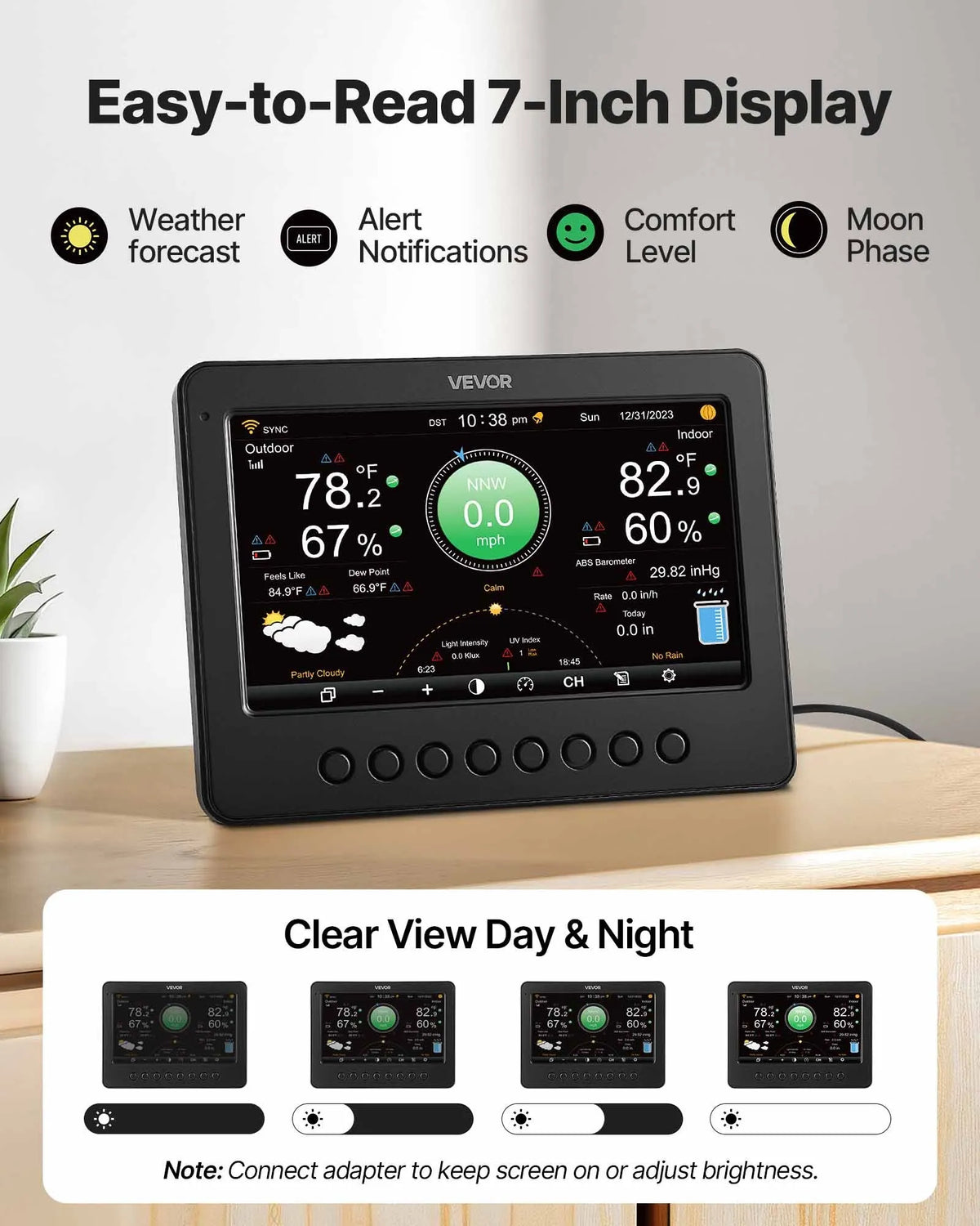7-in-1 Wi-Fi Weather Station with 177.8 mm TFT Display, Wireless Solar Sensor, Rain Gauge, Wind Speed and Direction, Temperature, Humidity and Rainfall Monitoring Indoors and Outdoors