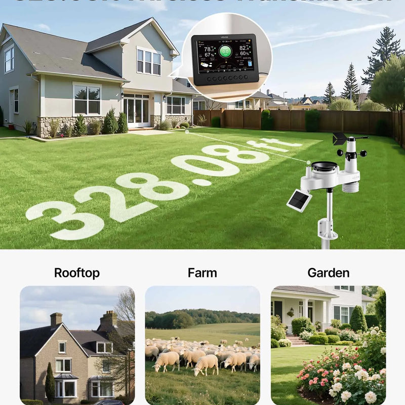 7-in-1 Wi-Fi laika apstākļu stacija ar 177,8 mm TFT displeju, bezvadu saules sensoru, nokrišņu mērītāju, vēja ātruma un virziena, temperatūras, mitruma un nokrišņu uzraudzību iekštelpās un āra apstākļos