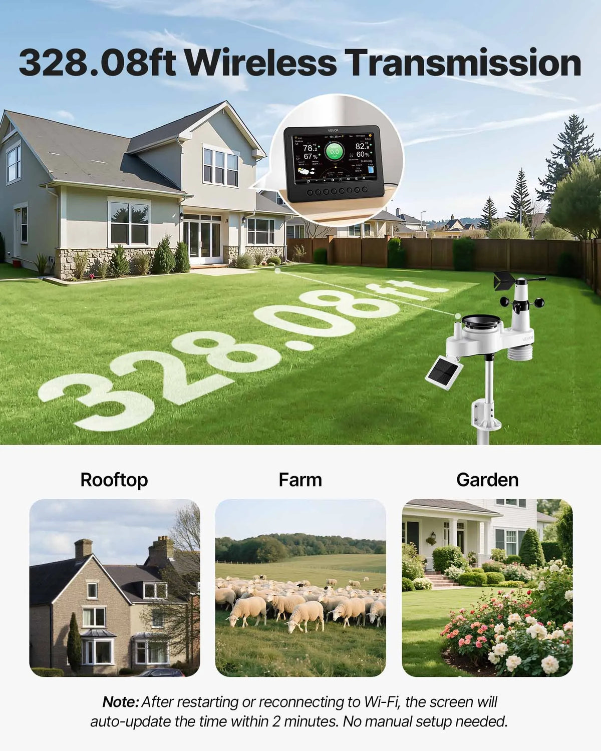 7-in-1 Wi-Fi Weather Station with 177.8 mm TFT Display, Wireless Solar Sensor, Rain Gauge, Wind Speed and Direction, Temperature, Humidity and Rainfall Monitoring Indoors and Outdoors