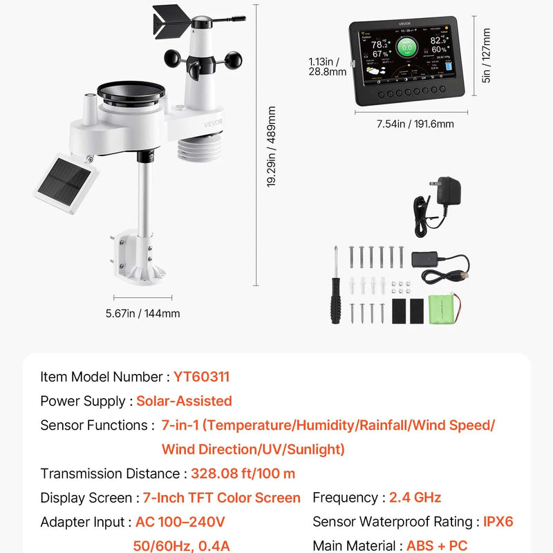 7-in-1 Wi-Fi laika apstākļu stacija ar 177,8 mm TFT displeju, bezvadu saules sensoru, nokrišņu mērītāju, vēja ātruma un virziena, temperatūras, mitruma un nokrišņu uzraudzību iekštelpās un āra apstākļos