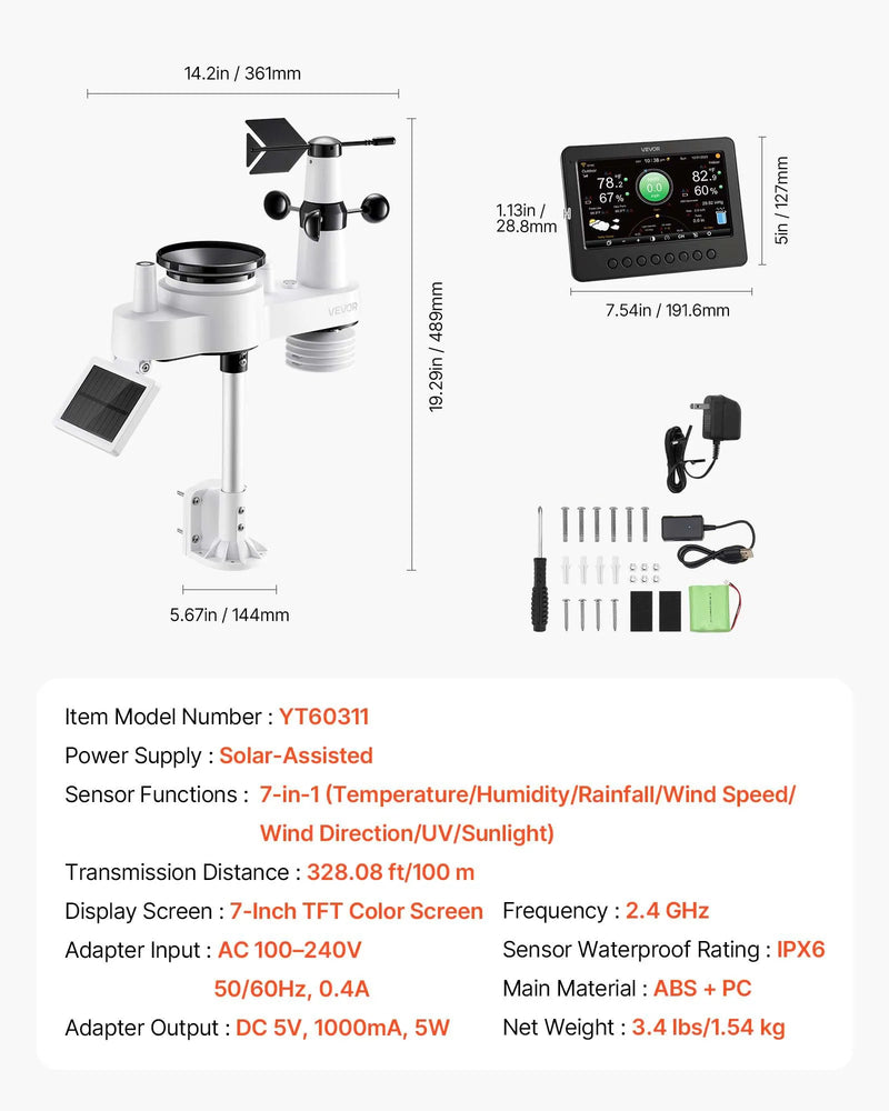 7-in-1 Wi-Fi laika apstākļu stacija ar 177,8 mm TFT displeju, bezvadu saules sensoru, nokrišņu mērītāju, vēja ātruma un virziena, temperatūras, mitruma un nokrišņu uzraudzību iekštelpās un āra apstākļos