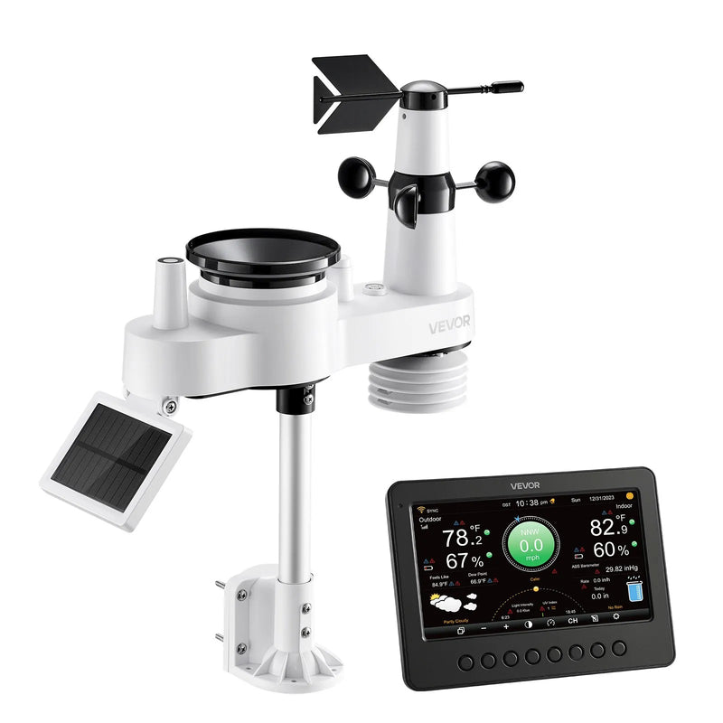 7-in-1 Wi-Fi laika apstākļu stacija ar 177,8 mm TFT displeju, bezvadu saules sensoru, nokrišņu mērītāju, vēja ātruma un virziena, temperatūras, mitruma un nokrišņu uzraudzību iekštelpās un āra apstākļos