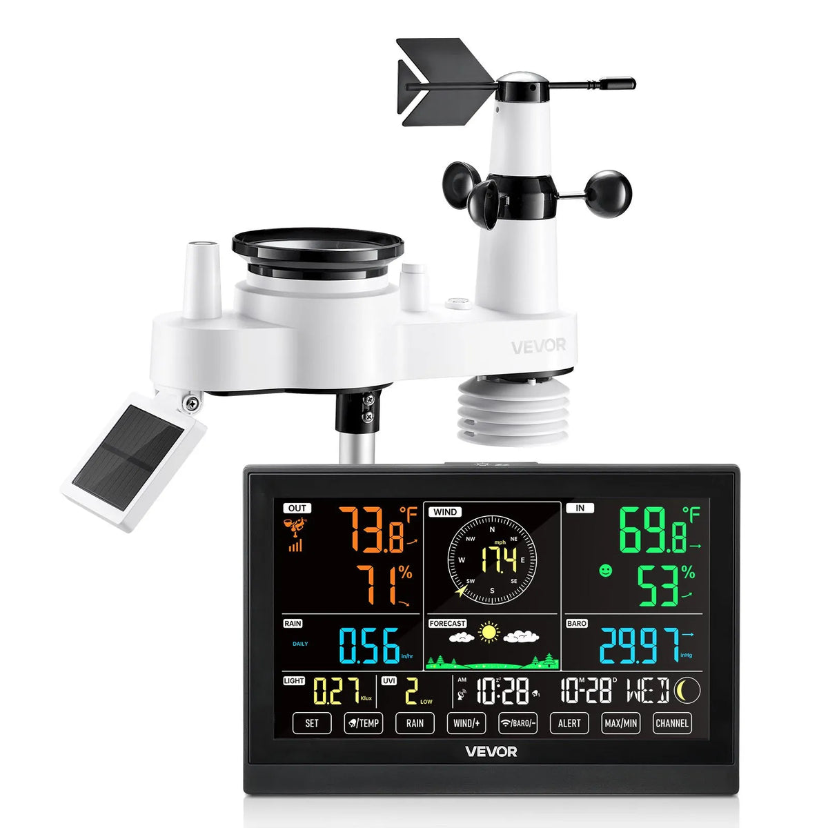 7-in-1 Wireless Weather Station with 190.5 mm VA Display, Solar-Powered Outdoor Sensor, Rain Gauge, Indoor and Outdoor Temperature, Humidity, Wind Speed and Direction Monitoring (No Wi-Fi)