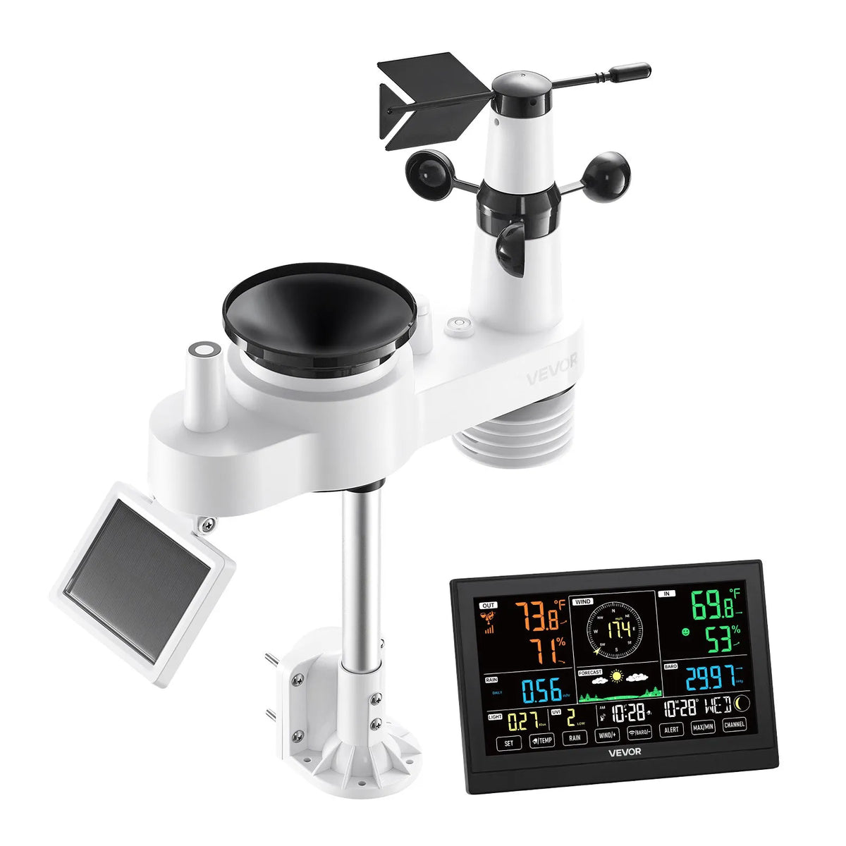 7-in-1 Wireless Weather Station with 190.5 mm VA Display, Solar-Powered Outdoor Sensor, Rain Gauge, Indoor and Outdoor Temperature, Humidity, Wind Speed and Direction Monitoring (No Wi-Fi)