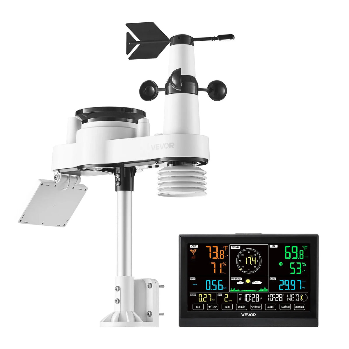 7-in-1 Wireless Weather Station with 190.5 mm VA Display, Solar-Powered Outdoor Sensor, Rain Gauge, Indoor and Outdoor Temperature, Humidity, Wind Speed and Direction Monitoring (No Wi-Fi)