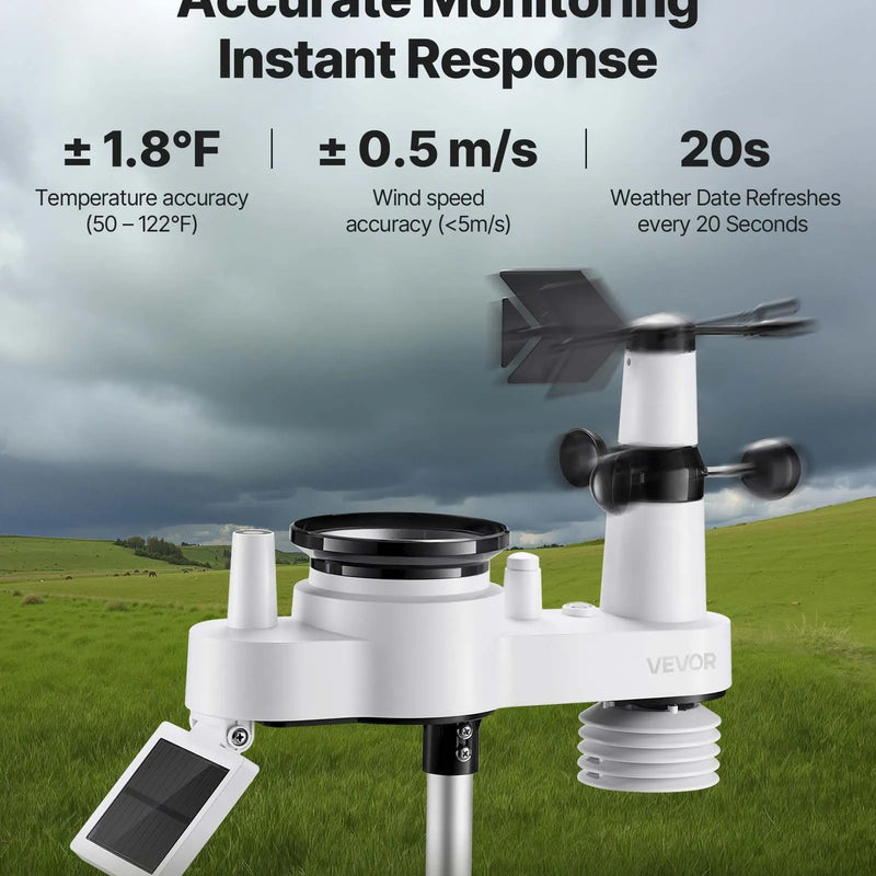 7-in-1 bezvadu laika aostākļu stacija ar 190,5 mm VA displeju, saules enerģijas āra sensoru, nokrišņu mērītāju, temperatūras, mitruma, vēja ātruma un virziena uzraudzību iekštelpās un āra apstākļos (bez Wi-Fi)