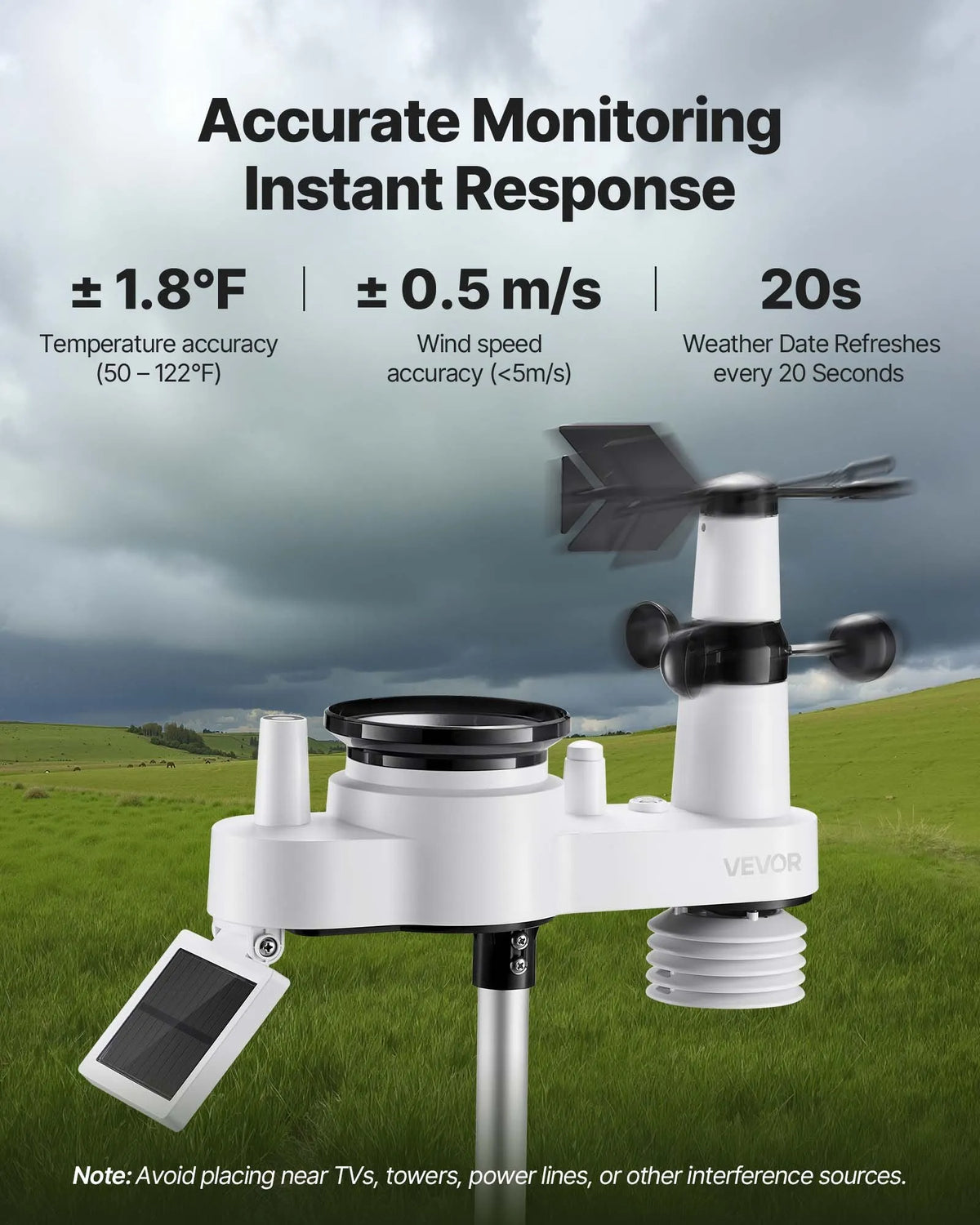 7-in-1 Wireless Weather Station with 190.5 mm VA Display, Solar-Powered Outdoor Sensor, Rain Gauge, Indoor and Outdoor Temperature, Humidity, Wind Speed and Direction Monitoring (No Wi-Fi)