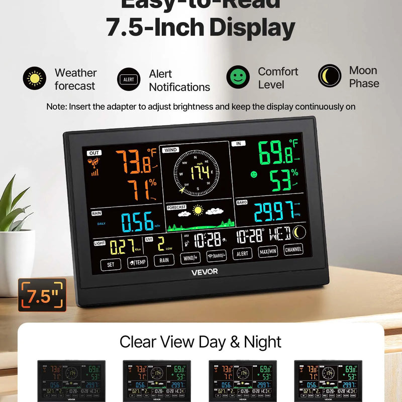 7-in-1 bezvadu laika aostākļu stacija ar 190,5 mm VA displeju, saules enerģijas āra sensoru, nokrišņu mērītāju, temperatūras, mitruma, vēja ātruma un virziena uzraudzību iekštelpās un āra apstākļos (bez Wi-Fi)